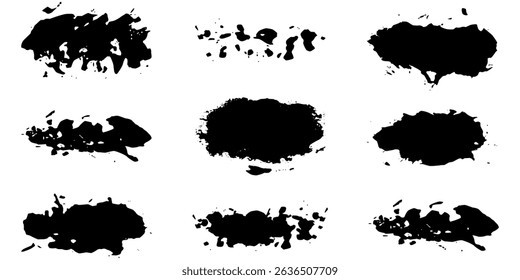 Grunge brush strokes in distressed ink texture and bold rectangle shapes. Monochrome paint splatter elements with rough edge and dry brush effect. Vector illustration.
