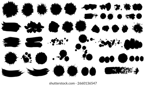 Grunge pinceladas e respingos de tinta em várias formas abstratas. Um conjunto de elementos modernos e angustiados para fundos artísticos ou texturas.