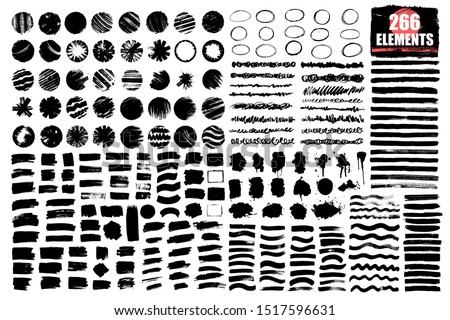 Grunge brush strokes, lines. Circle, round, circular  design elements. Black artistic shapes, art objects. Dirty background. Abstarct texture.