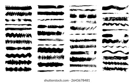 Grunge penseelstreken, lijnen, inktvlekken, handgetekende krabbelvormen. Handgemaakte schetsmatige vlekken, acrylvlekken, houtskoolstrepen. Structuren verven, effect penseel drogen. Marker onderstreept. Vectorillustratie