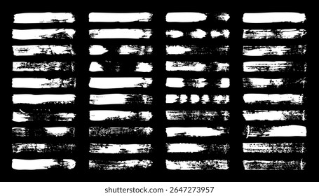 Grunge pincel traçados, linhas, borrões de tinta, mão-desenhado rabiscar formas. Marcas de esboço feitas à mão, manchas acrílicas, listras de carvão. Pinte texturas, efeito pincel seco. Sublinhado do marcador. Ilustração vetorial