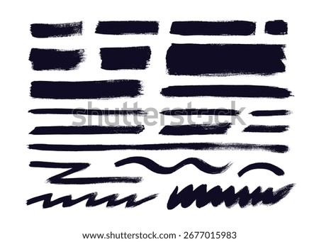 Grunge brush strokes, lines, ink scribble shapes. Hand drawn art rectangles, wide stripes set. Vector paint textures, dry brush effect. Marker underline. Vector uneven form isolated on white bg