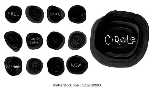Grunge brush strokes. Round text banners, speech bubbles for your message. Set of stains isolated on white background. Hand drawn scribble. Dirty artistic design elements. Vector illustration