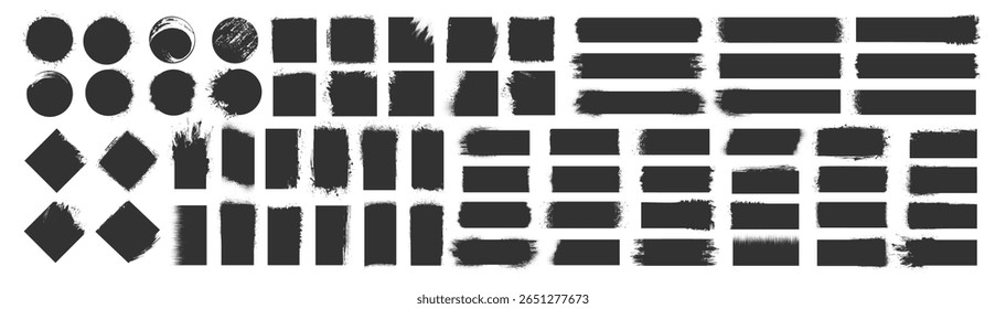 Grunge brush strokes, shapes and splatter set. Ink circles, rectangles and smudges. Dirty texture design elements for banners and backgrounds on transparent background.