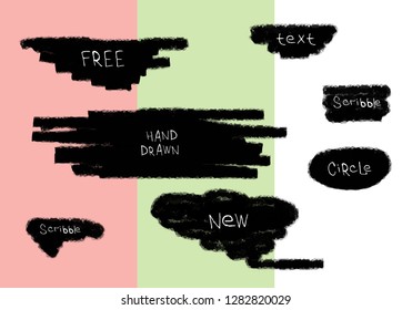 Grunge brush strokes. Text banners, speech bubbles for your message. Set of stains isolated on background. Hand drawn scribble. Dirty artistic design elements. Vector illustration