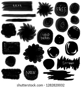 Grunge brush strokes. Text banners, speech bubbles for your message. Set of stains isolated on white background. Hand drawn scribble. Dirty artistic design elements. Vector illustration