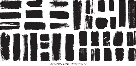 Grunge Brush Strokes Vector Set, Black Paint Splatters Isolated on White