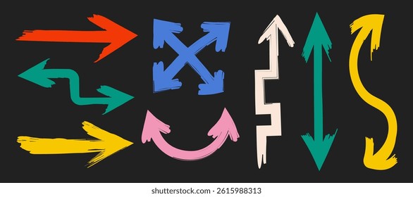 Grunge Brush Style Arrows in Multiple Directions .Set of colorful hand drawn arrows, for infographics, presentations, creative design elements, UI indicators, educational visuals.Vector illustration