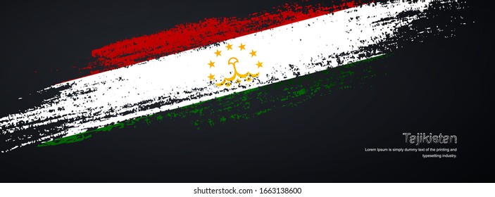 Grunge Bürste der Flagge Tadschikistans auf glänzendem schwarzem Hintergrund. Elegante glänzende Vektorillustration mit glänzenden Pinseln.
