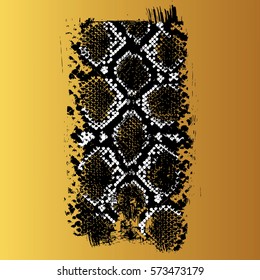 Grunge brush texture with snake skin print, golden background. Hand drawn. Elegant ornament for textile, fabric, accessories, card or cover.  Expression art with black and white spot