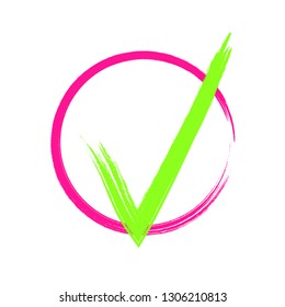Grunge Brush Tick Original Vector Design. Approval Check Mark Sign In Round Box. Stroke UFO Green Tick Vector Illustration