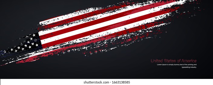 Pincel grueso de la bandera de los Estados Unidos de América sobre fondo negro brillante. Ilustración vectorial de pincel brillante moderno.