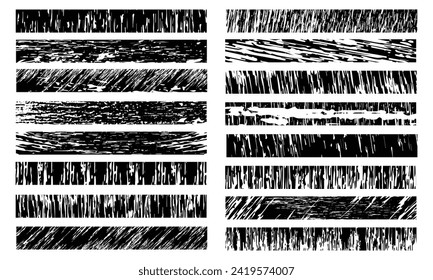Grunge Brushes, Set Of Grunge Black Paint, Ink Brush Strokes, Set Of Brush Strokes, Spots, Sprays, Splatters, Stains, Banners Isolated On White Background, High Quality Manually Traced, Drops Blots.