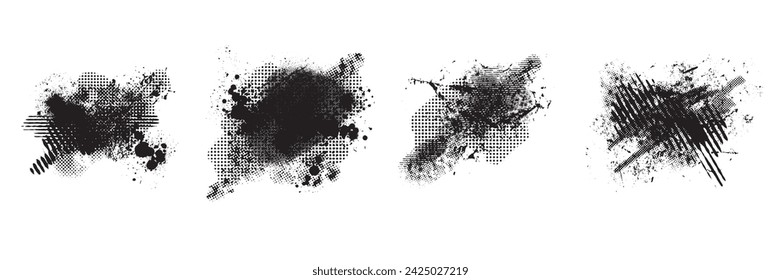 Grunge brushstroke set, ink splatter black stain, vector paint kit, halftone graffiti texture splash. Abstract dirty blob, messy shape drawing collection isolated on white. Grunge brushstroke print