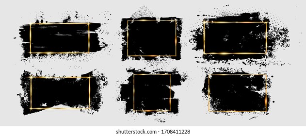Grunge brushstroke and splatter with gold frame. Dirty artistic design element, box, ink background for text. Black splashes isolated on white background. Vector illustration brush strokes backgrounds