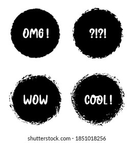 Palabras de burbujas gruesas, insignia redonda, texturas de distrés vectorial