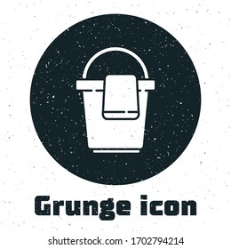 Grunge Bucket with rag icon isolated on white background. Cleaning service concept. Monochrome vintage drawing. Vector Illustration