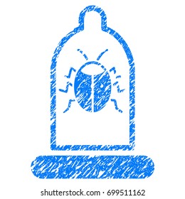 Grunge Bug Protection Condom icon with grunge design and scratched texture. Unclean vector blue pictogram for rubber seal stamp imitations and watermarks. Draft sign symbol.