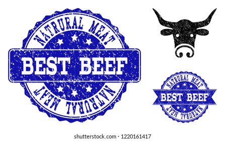 Grunge bull head icon and corroded seals. Vector imprints with grunge rubber texture for bull head illustrations.