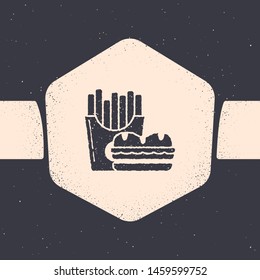 Grunge Burger and french fries in carton package box icon isolated on grey background. Hamburger, burger, cheeseburger sandwich. Fast food menu. Monochrome vintage drawing. Vector Illustration