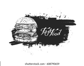 Grunge Burger poster - fast food concept, Hand Drawn Sketch Vector illustration.