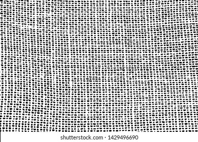 Grunge burlap texture. Monochrome background close-up of coarse fabric with spots, noise and grit. Overlay template. Vector illustration