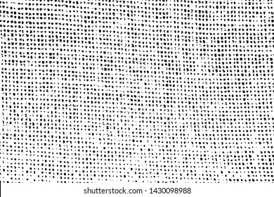 Grunge burlap texture. Monochrome background close-up of rough cloth with spots, noise and grit. Overlay template. Vector illustration