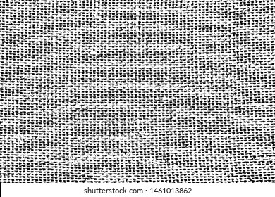 Grunge burlap texture. Monochrome background of sack cloth with fibers, spots, noise and grit. Overlay template. Vector illustration