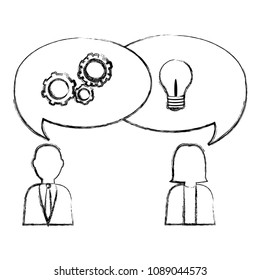 grunge businesspeople pictogram with gear and bulb inside chat bubbles
