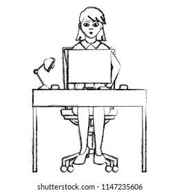 grunge businesswoman office seating with desk and computer