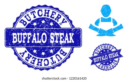 Grunge butcher icon and scratched seals. Vector seals with grunge rubber texture for butcher illustrations.