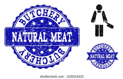 Grunge butcher person icon and dirty seals. Vector seals with grunge rubber texture for butcher person illustrations.