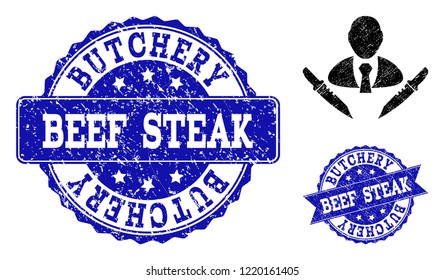 Grunge butchery boss icon and rubber seals. Vector imprints with unclean rubber texture for butchery boss illustrations.