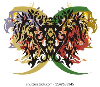 Grunge butterfly with eagles and elements of dragons. Ornate colorful ethnic butterfly wings formed by the heads of eagles and dragons with floral splashes