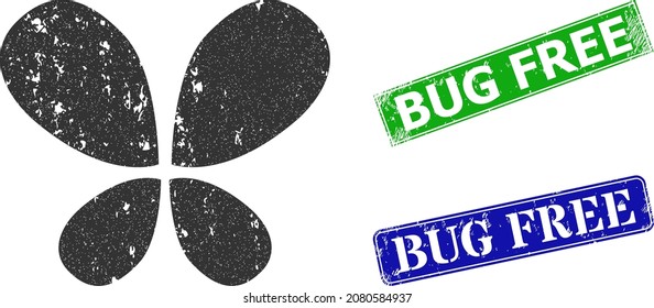 Grunge butterfly icon and rectangle scratched Bug Free seal stamp. Vector green Bug Free and blue Bug Free seals with scratched rubber texture, designed for butterfly illustration.