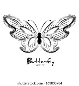 Grunge butterfly painted with ink. Isolated on white