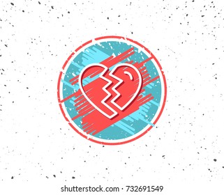 Grunge button with symbol. Break up Love line icon. Divorce sign. Valentines day symbol. Random background. Vector