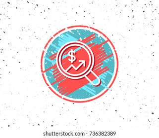 Grunge button with symbol. Business Audit or Statistics line icon. Analytics with charts symbol. Search Magnifier sign. Random background. Vector