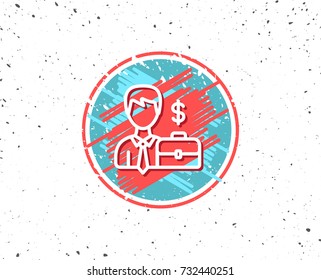 Grunge button with symbol. Businessman with Case line icon. Diplomat with Dollar sign. Random background. Vector
