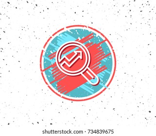 Grunge button with symbol. Chart line icon. Report graph or Sales growth sign in Magnifying glass. Analysis and Statistics data symbol. Random background. Vector