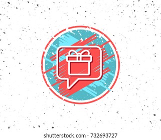 Grunge button with symbol. Dreaming of Gift line icon. Present box sign. Birthday Shopping symbol. Package in Gift Wrap. Random background. Vector