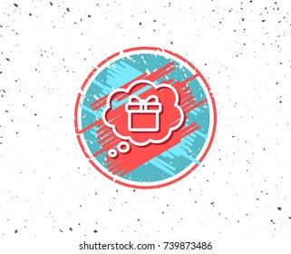 Grunge button with symbol. Dreaming of Gift line icon. Present box in Comic speech bubble sign. Birthday Shopping symbol. Package in Gift Wrap. Random background. Vector