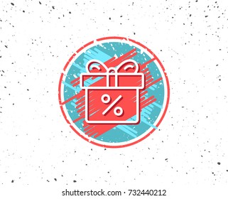 Grunge button with symbol. Gift box with Percentage line icon. Present or Sale sign. Birthday Shopping symbol. Package in Gift Wrap. Random background. Vector
