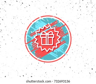 Grunge button with symbol. Gift box offer line icon. Present or Sale sign. Birthday Shopping symbol. Package in Gift Wrap. Random background. Vector