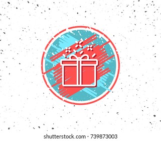 Grunge button with symbol. Gift box line icon. Present or Sale sign. Birthday Shopping symbol. Package in Gift Wrap. Random background. Vector