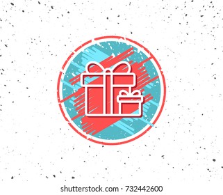 Grunge button with symbol. Gift boxes line icon. Present or Sale sign. Birthday Shopping symbol. Package in Gift Wrap. Random background. Vector
