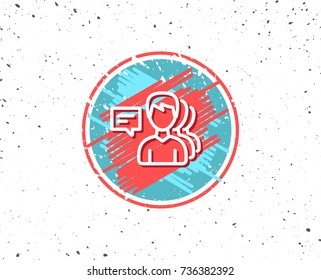 Grunge button with symbol. Group of Men line icon. Human communication symbol. Teamwork sign. Random background. Vector