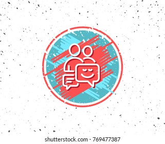 Grunge button with symbol. Group of Men line icon. Human communication symbol. Teamwork sign. Random background. Vector