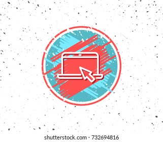 Grunge button with symbol. Laptop computer icon. Notebook with mouse cursor sign. Portable personal computer symbol. Random background. Vector