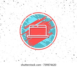 Grunge button with symbol. Laptop computer icon. Notebook sign. Portable personal computer symbol. Random background. Vector